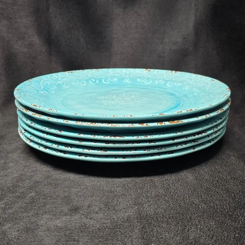Cynthia Rowley Melamine Blue Rustic Crackle Scroll Dinner Plates 11